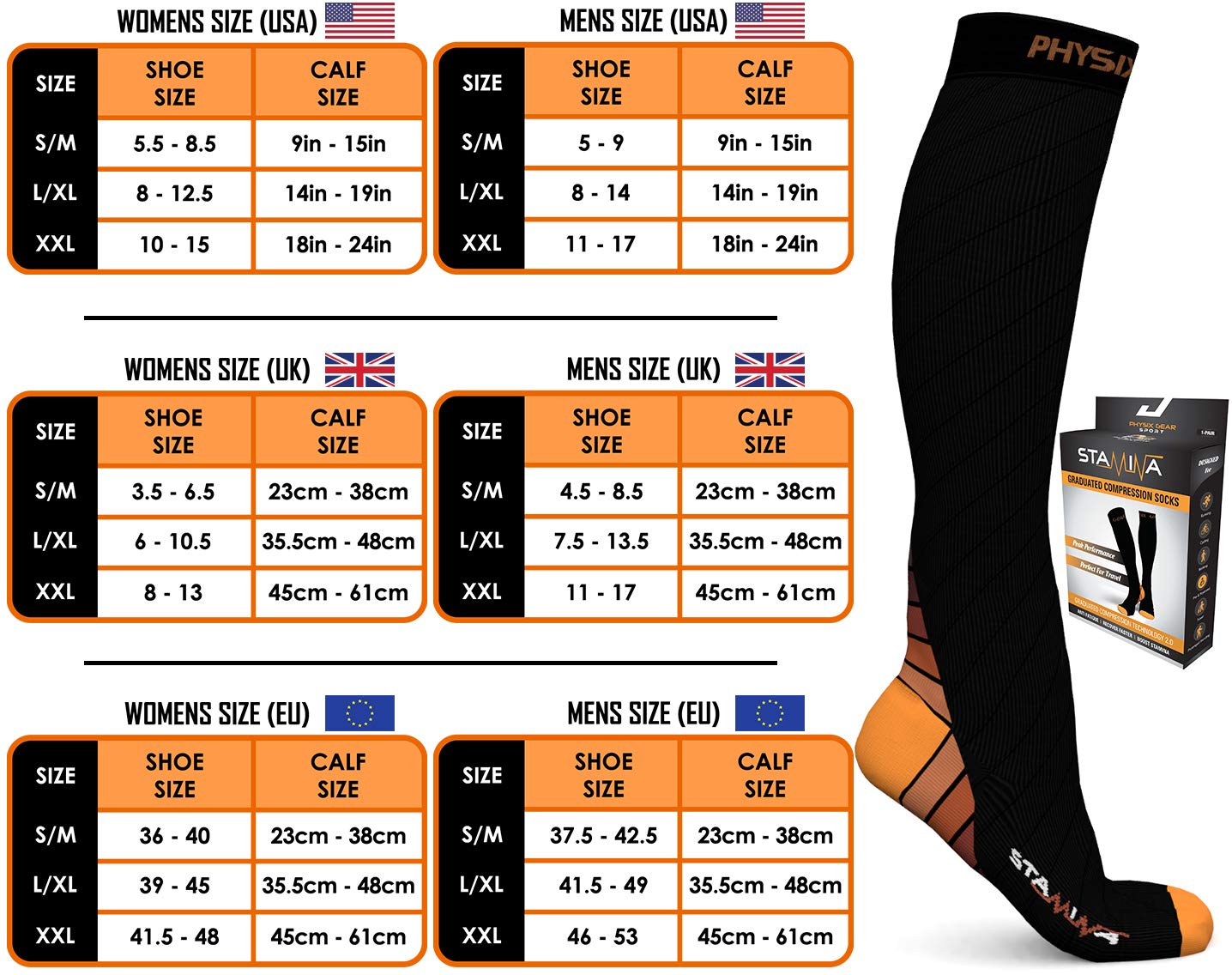 Physix Gear 20-30 mmHg Graduated Compression Socks for Men & Women - Medical Grade Support for Running, Travel & Circulation - Breathable Cotton Blend (Black/Orange, L/XL) - Perfect for Athletes, Nurses & Frequent Flyers