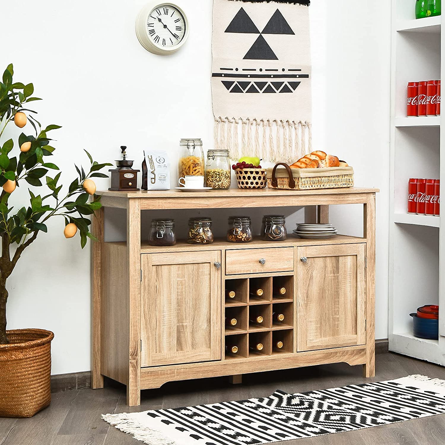 BANGTANE Buffet Kitchen Sideboard - Solid Wood Console Table with 2 Storage Cabinets, Drawer, Wine Rack & Open Shelf | Entryway Storage Organizer for Living Room, Dining Room & Hallway (Natural Finish, HW63250) | Perfect for Home Decor, Entertaining & Small Space Organization