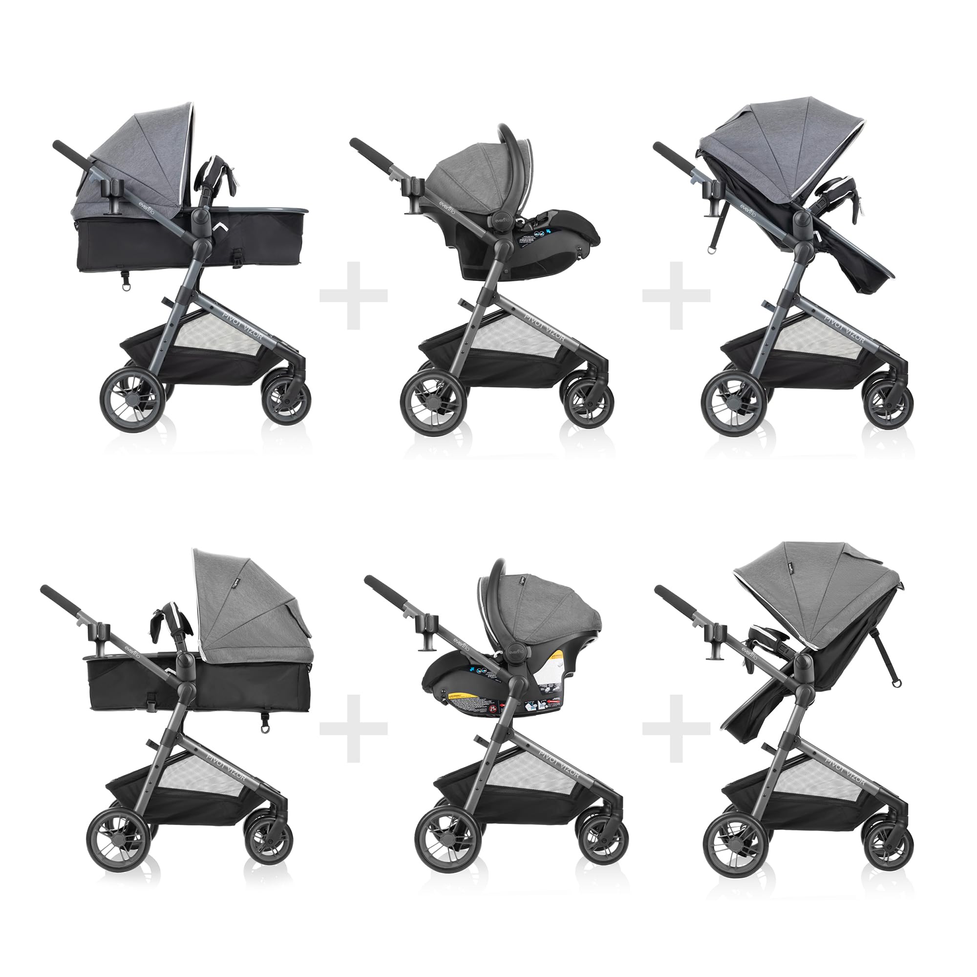 Evenflo Pivot Vizor Modular Reversible Stroller Travel System with LiteMax Infant Car Seat - 6 Adjustable Modes, Chasse Black | Lightweight Baby Stroller for Newborns to Toddlers | Perfect for Travel, Shopping & Daily Walks