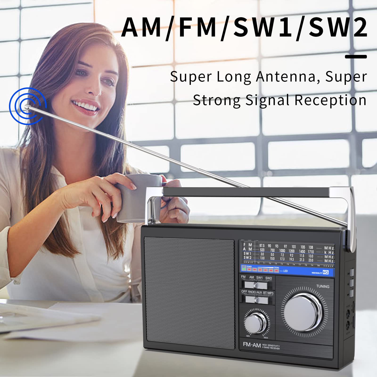 Portable AM FM Radio with Bluetooth - Retro Transistor Radio with SW Band, Best Reception, Battery or AC Power, Bluetooth Speaker, Earphone Jack, USB/TF/AUX Input - Perfect for Seniors, Home, Office, Travel & Emergency Use (Black)