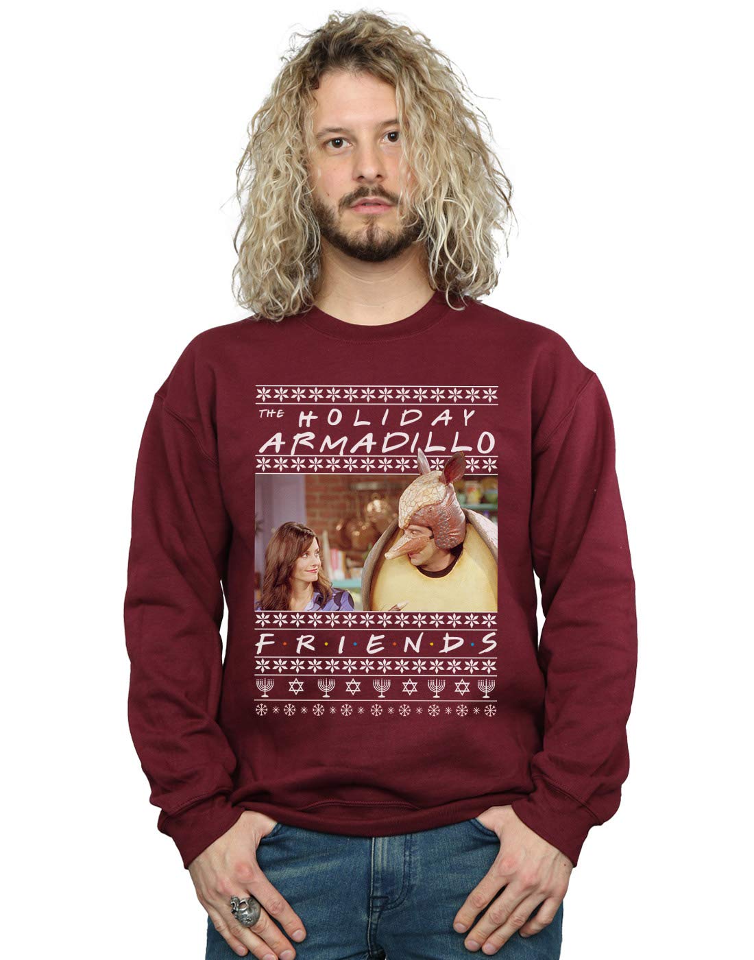 Friends Men's Fair Isle Holiday Armadillo Sweatshirt - Burgundy, Small - Cozy Christmas Sweater for Holiday Parties & Festive Gatherings