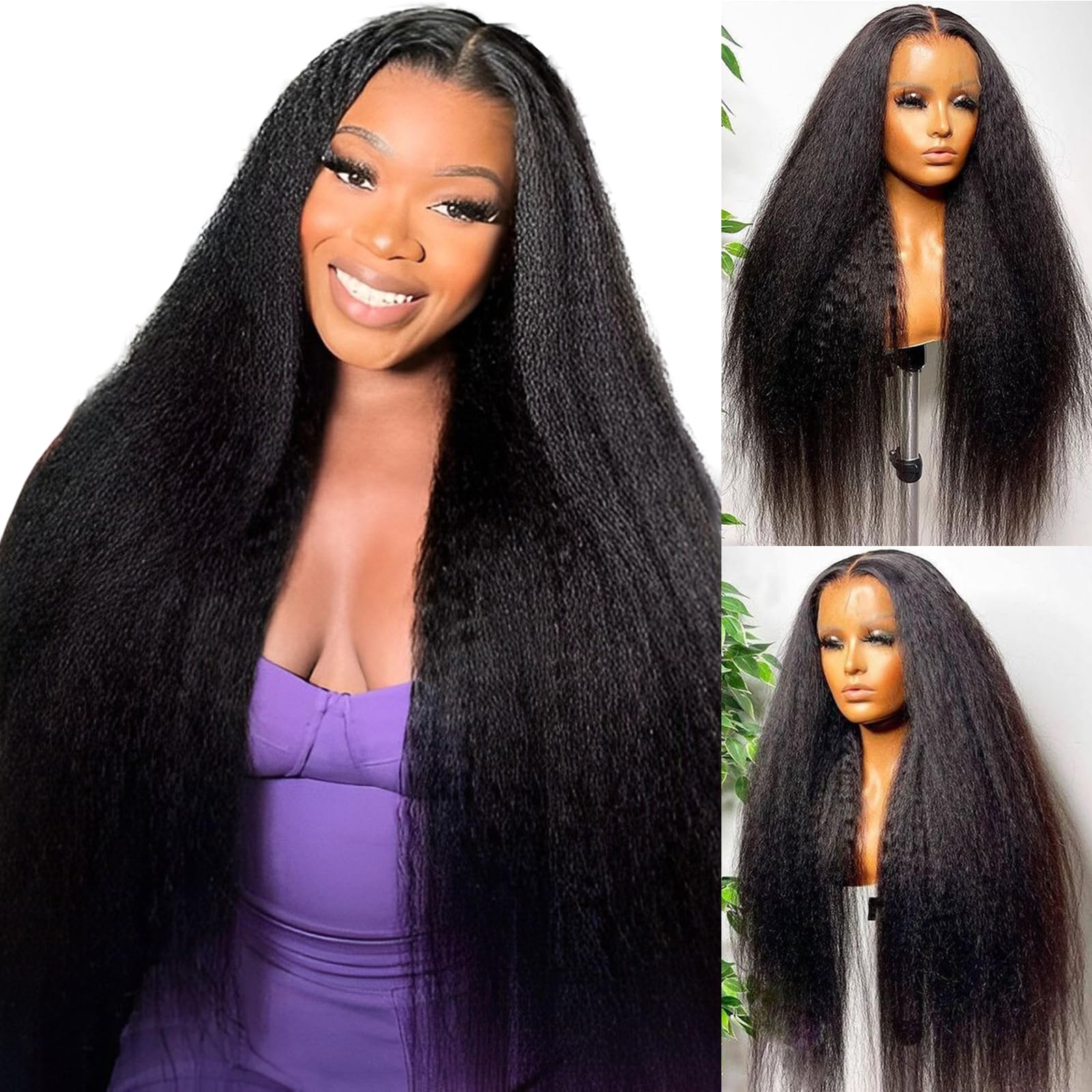 28Inch Kinky Straight Human Hair Lace Front Wig - Pre Plucked with Baby Hair, Natural Black Color, Yaki Straight Texture for Women - 13x6 HD Transparent Lace, 180% Density - Perfect for Daily Wear, Cosplay, and Special Occasions