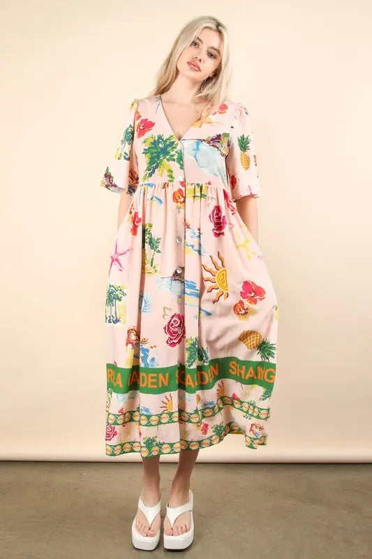 Stylish Button Down Printed Summer Midi Dress for Women - Floral Casual Sundress for Beach, Vacation & Outdoor Activities