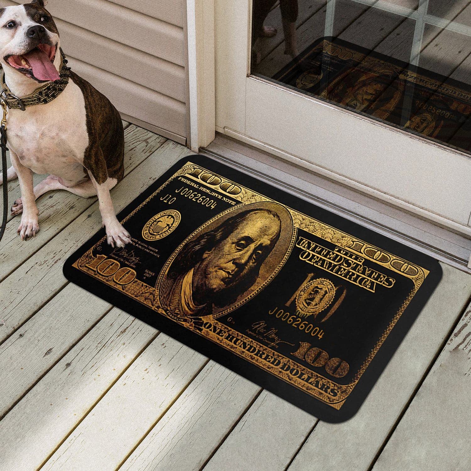 3-Piece Black & Gold $100 Bill Bathroom Rug Set - Non-Slip U-Shaped Contour Mat & Toilet Lid Cover - Washable Absorbent Money Design (19.7x31.5 Inches) for Bathroom Decor & Shower Floor Protection
