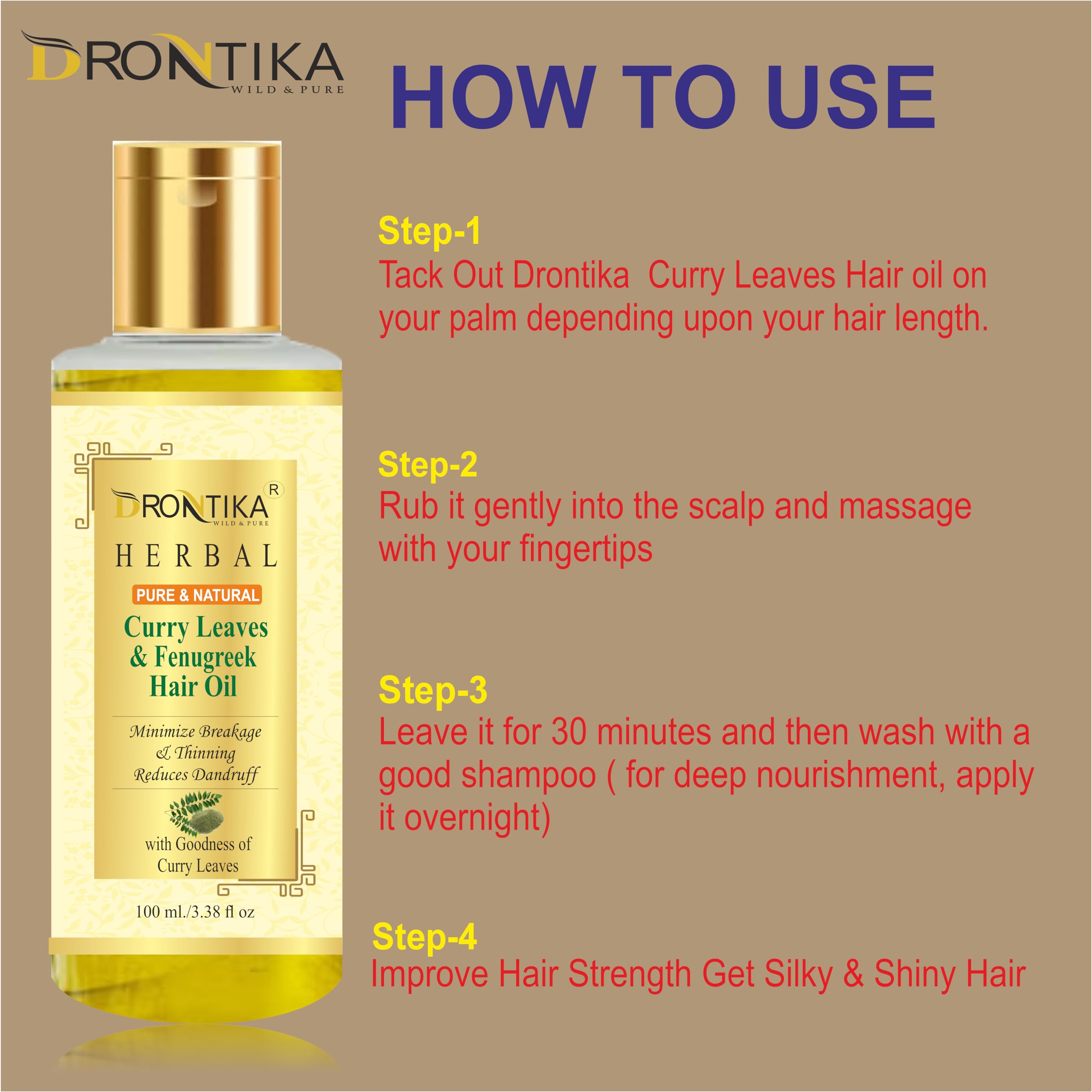 Drontika Herbal Curry Leaves & Fenugreek Hair Oil for Hair Fall Control & Premature Greying - Enriched with Vitamin E - 100ml - Promotes Hair Growth & Scalp Health - Perfect for Daily Hair Care Routine & Ayurvedic Treatments