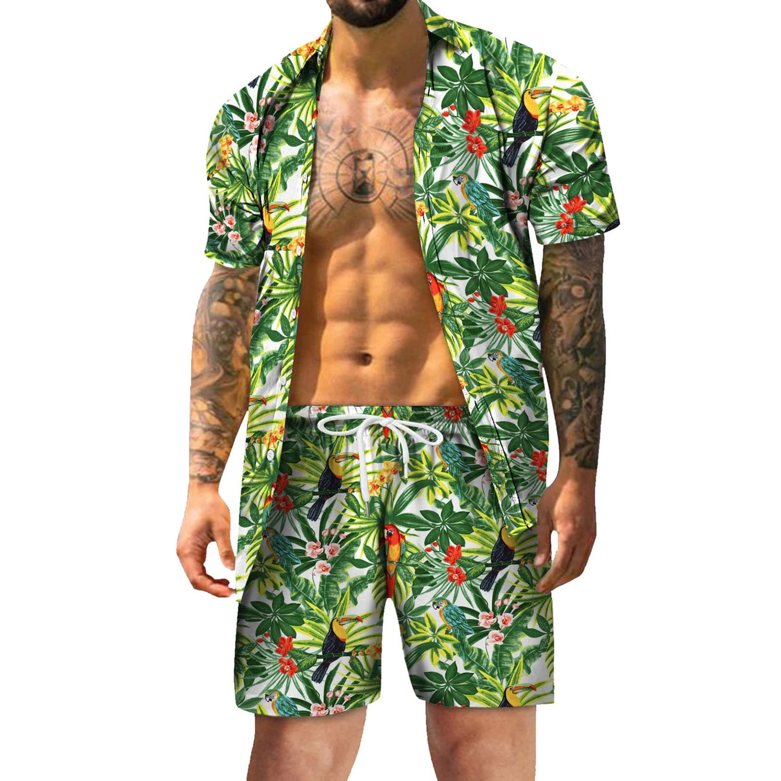Men's Casual Beach Short Sleeve Shirt & Printed Shorts Set - Blue Tuxedo Style Summer Outfit for Vacation, Pool Party & Outdoor Activities