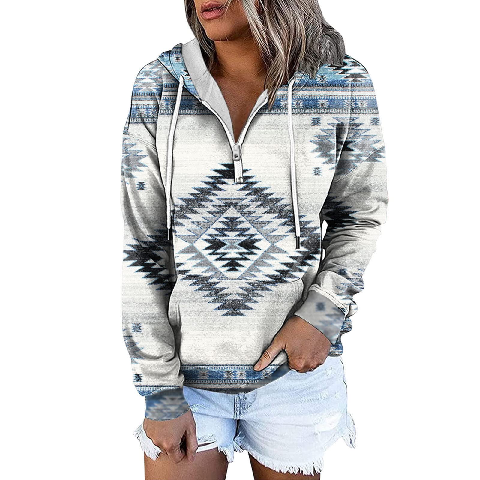 Plus Size Zip Up Jacket for Women - Casual Vintage Aztec Print Hooded Sweatshirt with Long Sleeves | Perfect for Spring & Autumn Outfits, Streetwear, and Layering