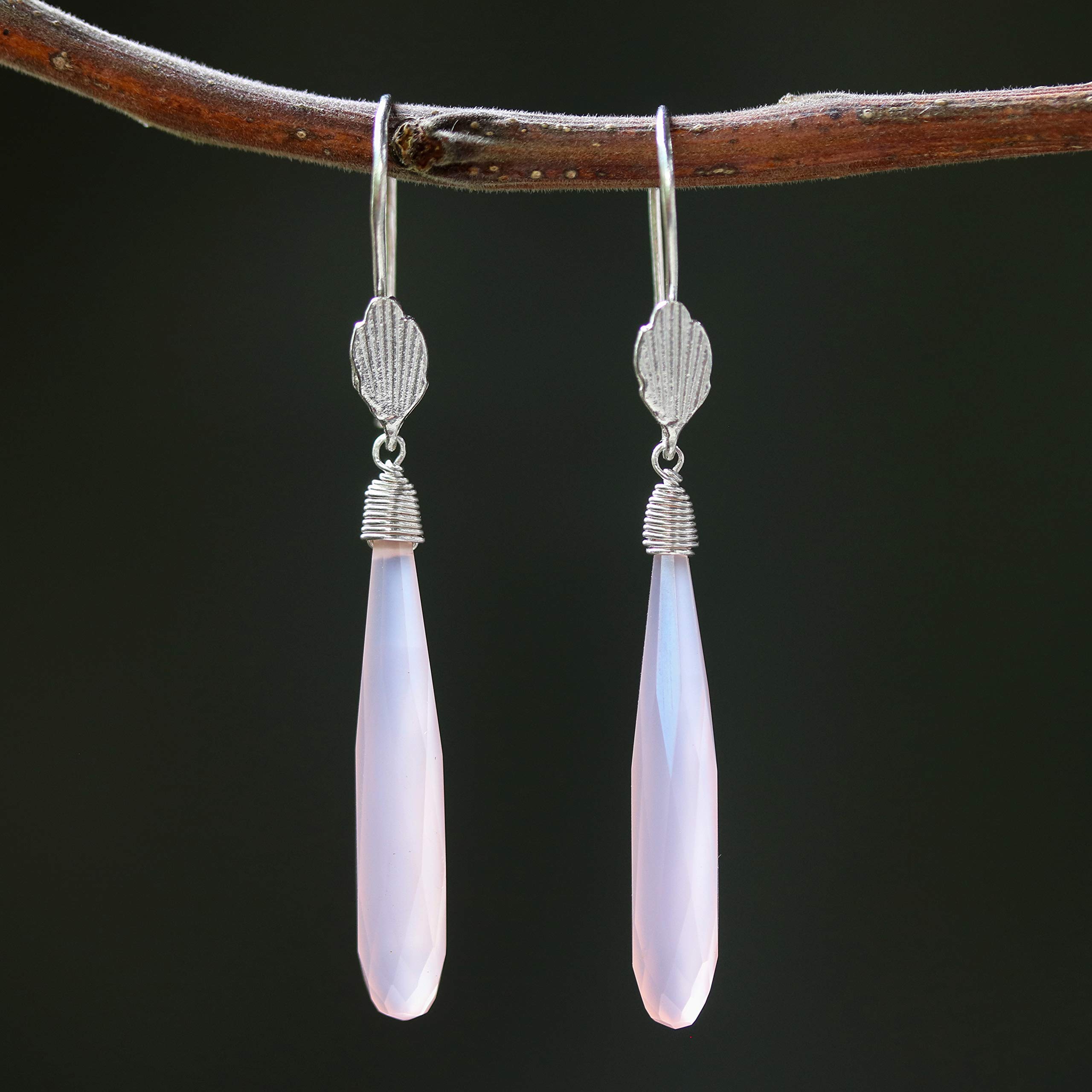 Pink Chalcedony Earrings with Sterling Silver Wire Wrap & Leaf Design - Elegant Dangle Earrings for Women, Perfect for Parties, Weddings & Everyday Wear