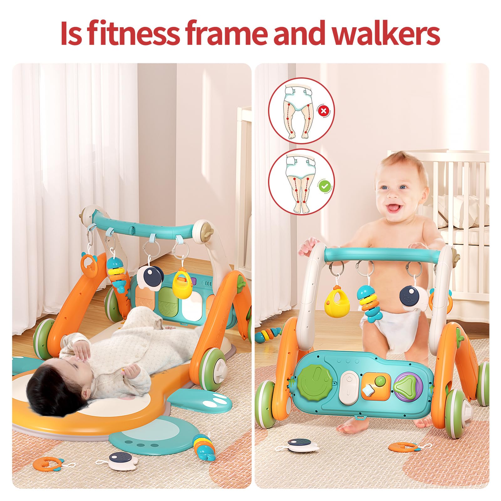 2 in 1 Baby Gym & Walker with 5 Sensory Toys - Double-Sided Play Piano Panel, Multifunctional Sit-to-Stand Learning Walker for Infants 0-24 Months (Orange) - Perfect for Tummy Time, Crawling & Early Development Play