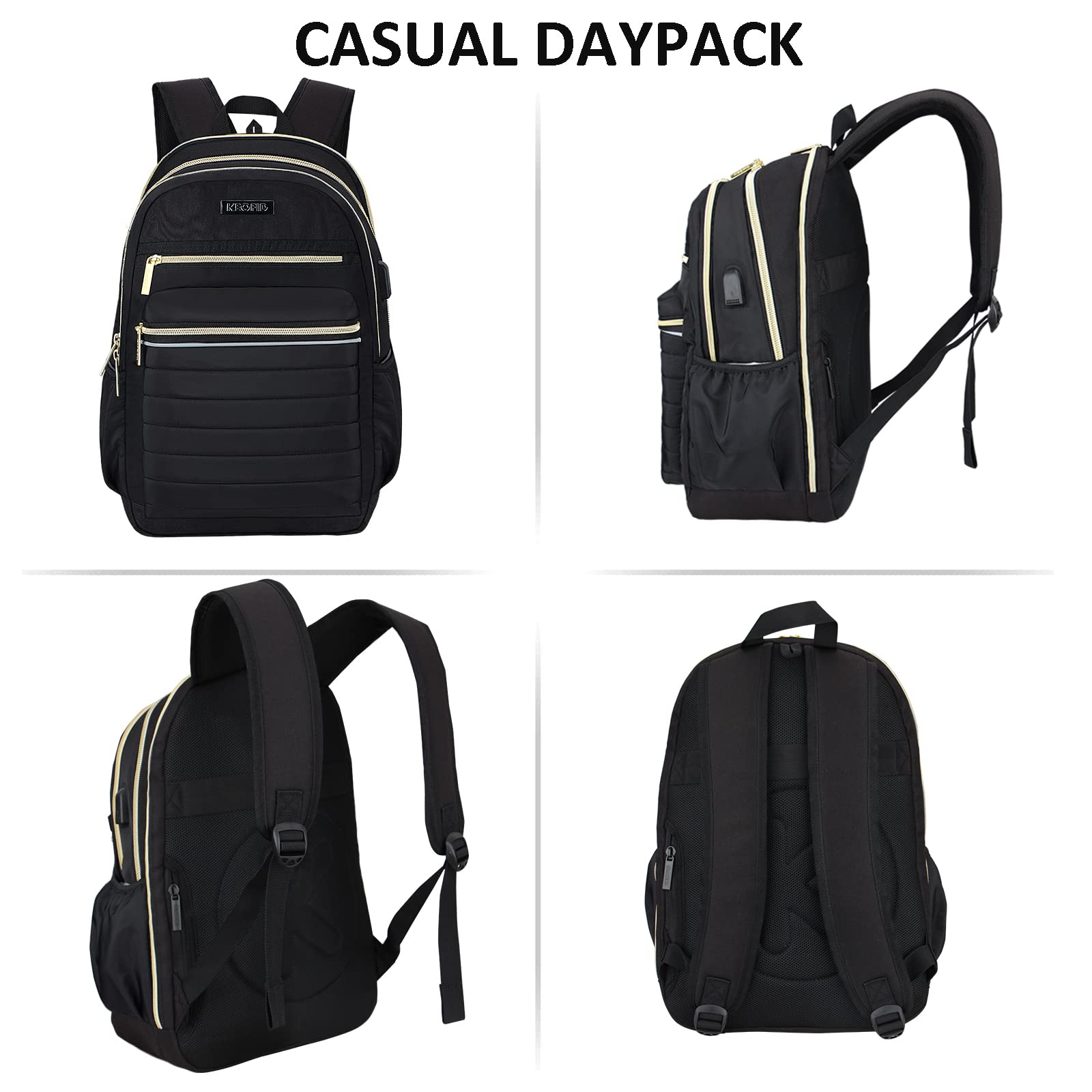 KEOFID Anti-Theft Travel Backpack for Men & Women - Stylish College Backpack with RFID Protection (Black & Gold) | Perfect for Commuting, School & Business Travel