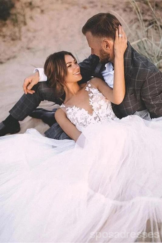 Handmade Lace Wedding Dress with Floral A-Line Straps & V-Neck - Elegant Bridal Gown for Church, Beach or Garden Ceremonies (Style WD780)