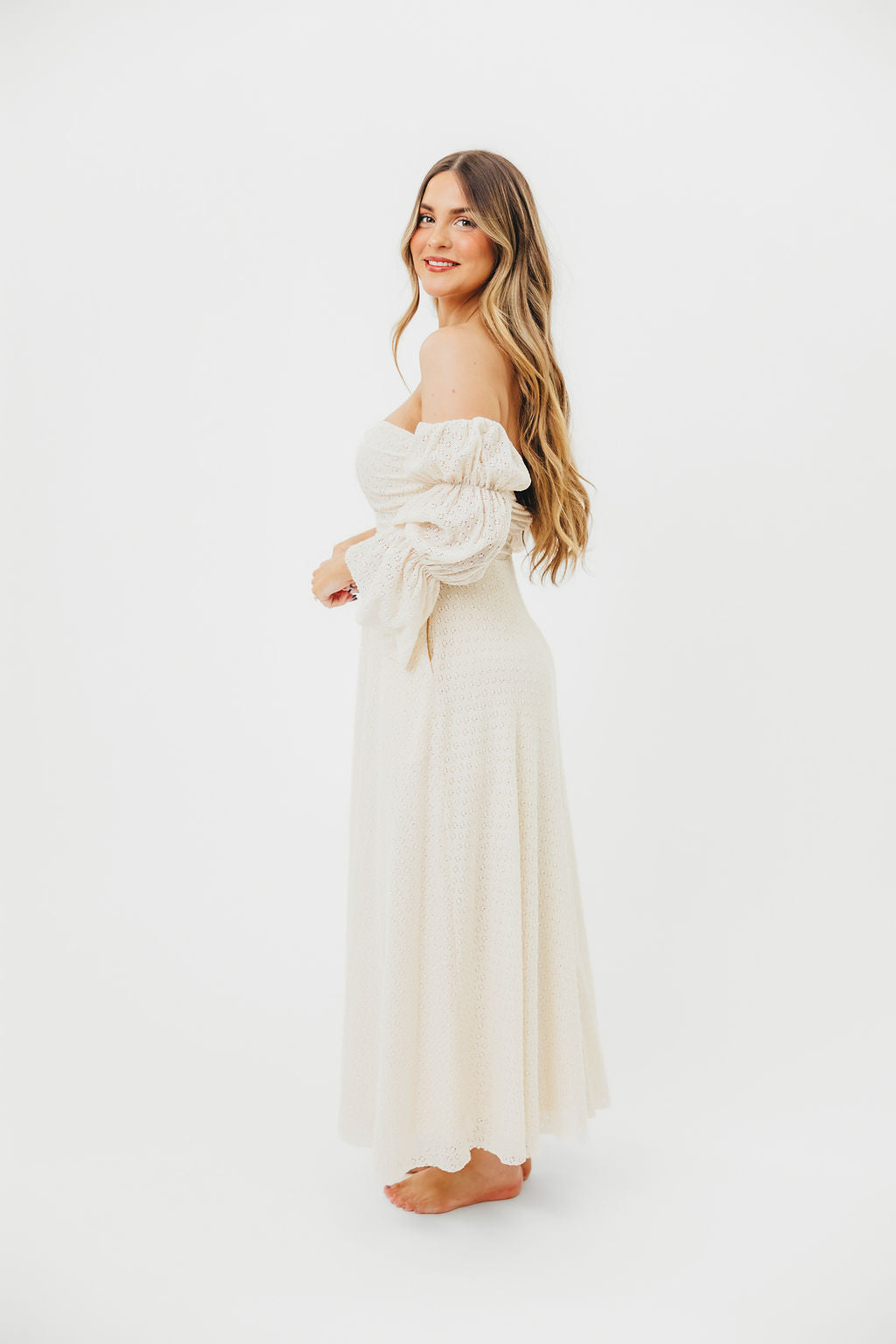 Corrine Tiered Sleeve Maxi Dress with Pockets - Ivory Cream Maternity Dress for Pregnancy | Perfect for Baby Showers, Beach Vacations & Summer Weddings
