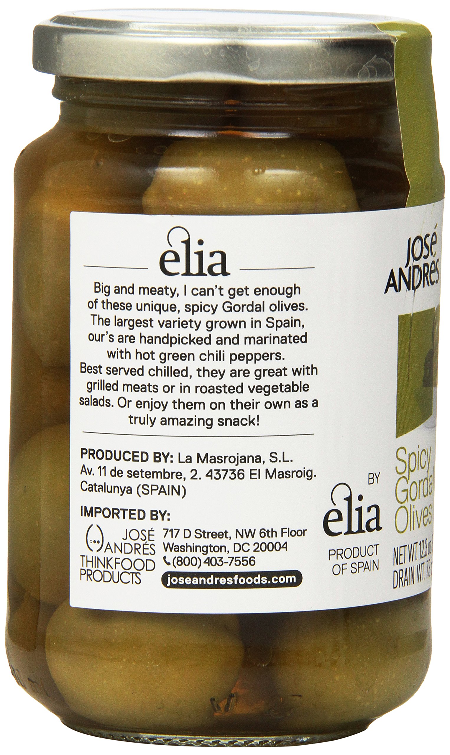 Jose Andres Foods Spicy Gordal Olives - 12.3 oz (348g) | Large Spanish Green Olives with Chili | Perfect for Tapas, Charcuterie Boards & Mediterranean Recipes