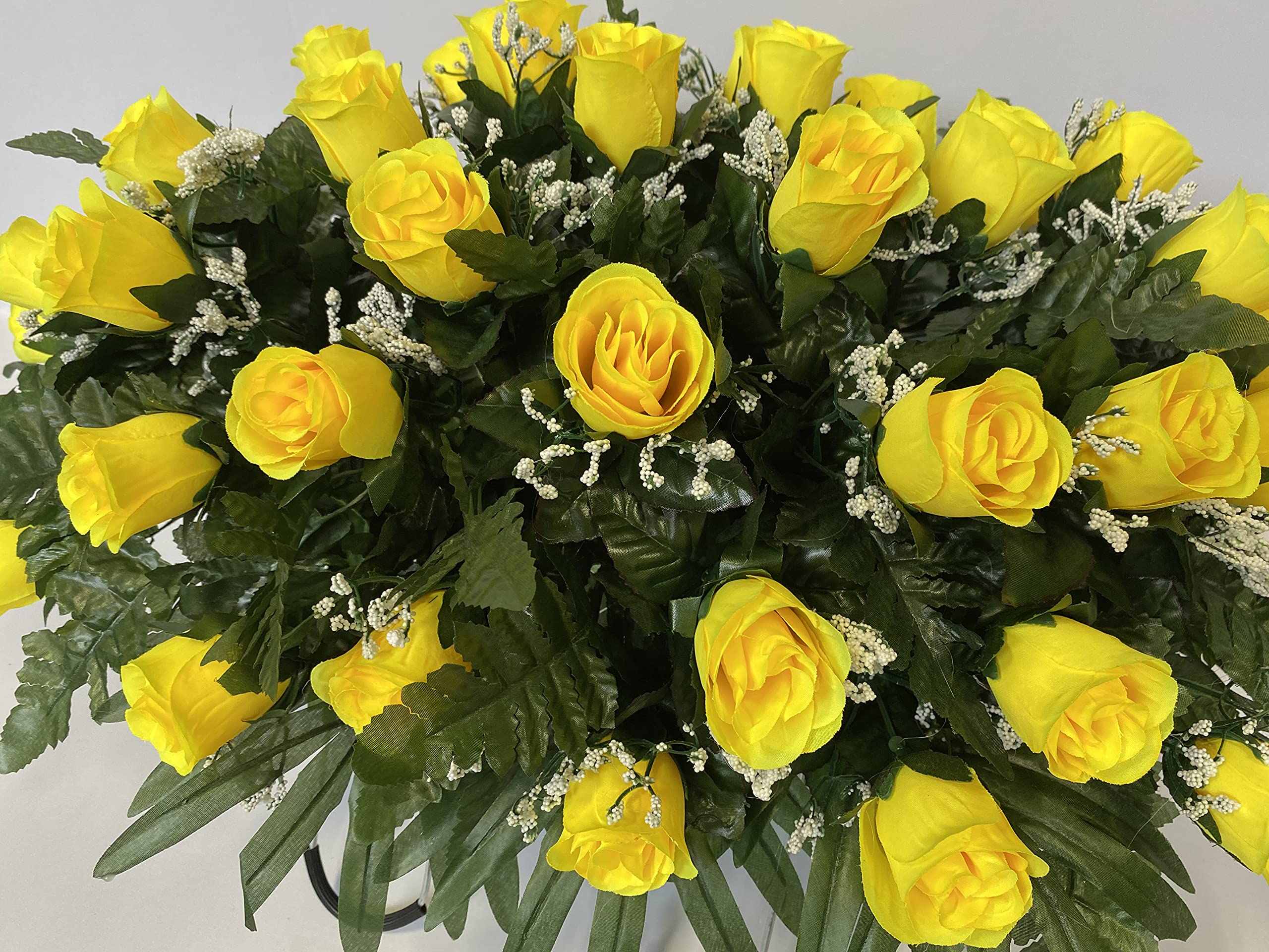 Yellow Rose and Baby's Breath Flower Arrangement for Cemetery Headstones - Memorial Wreath for Graveside Decorations and Funeral Tributes