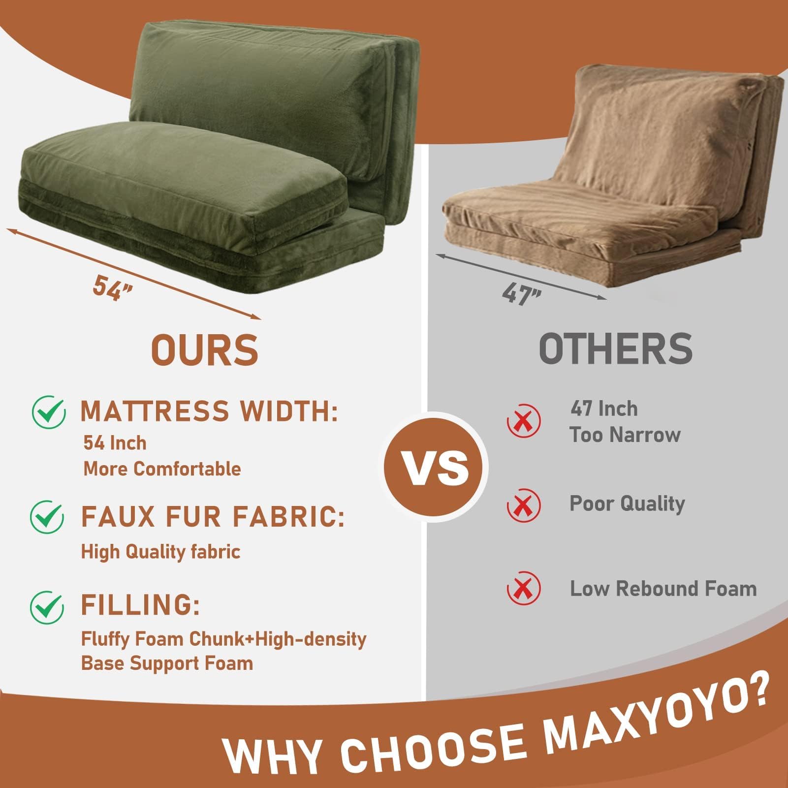 MAXYOYO Extra Thick Faux Fur Bean Bag Bed - Foldable Sofa Bed & Floor Mattress for Adults (54x95 Inch, Olive Green) | Washable Cover, Full Size Trifold Design | Perfect for Living Rooms, Dorms, Guest Beds & Lounge Areas