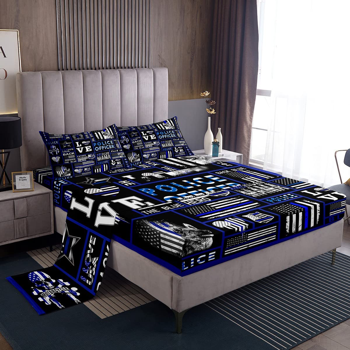 Feelyou Cute Police Dog Pattern Bed Sheet Set - American Flag Blue Black Plaid Queen Size (1 Sheet + 2 Pillowcases) for Kids Boys Girls - Perfect for Themed Bedrooms, Dog Lovers, and Patriotic Home Decor