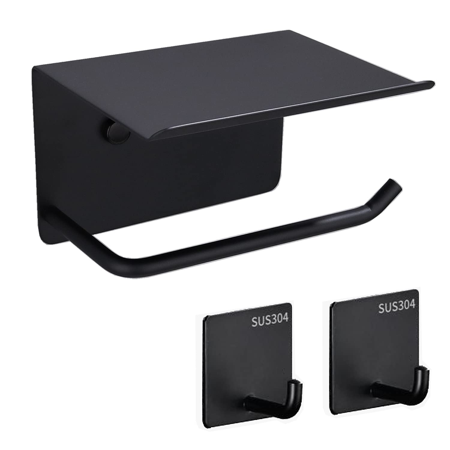 Premium SUS 304 Stainless Steel Toilet Paper Holder with Shelf & Towel Hooks - No Drill Adhesive Mount - Modern Bathroom Tissue Dispenser with Storage (Black) - Perfect for Small Bathrooms, RVs & Apartments