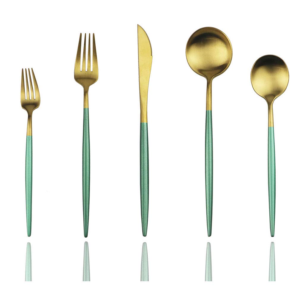 Premium 20-Piece Stainless Steel Flatware Set - Green Gold Silverware Cutlery Set for 4 People | Durable Kitchen & Tableware Utensils for Home, Restaurant & Dinner Parties | Dishwasher Safe Elegant Flatware