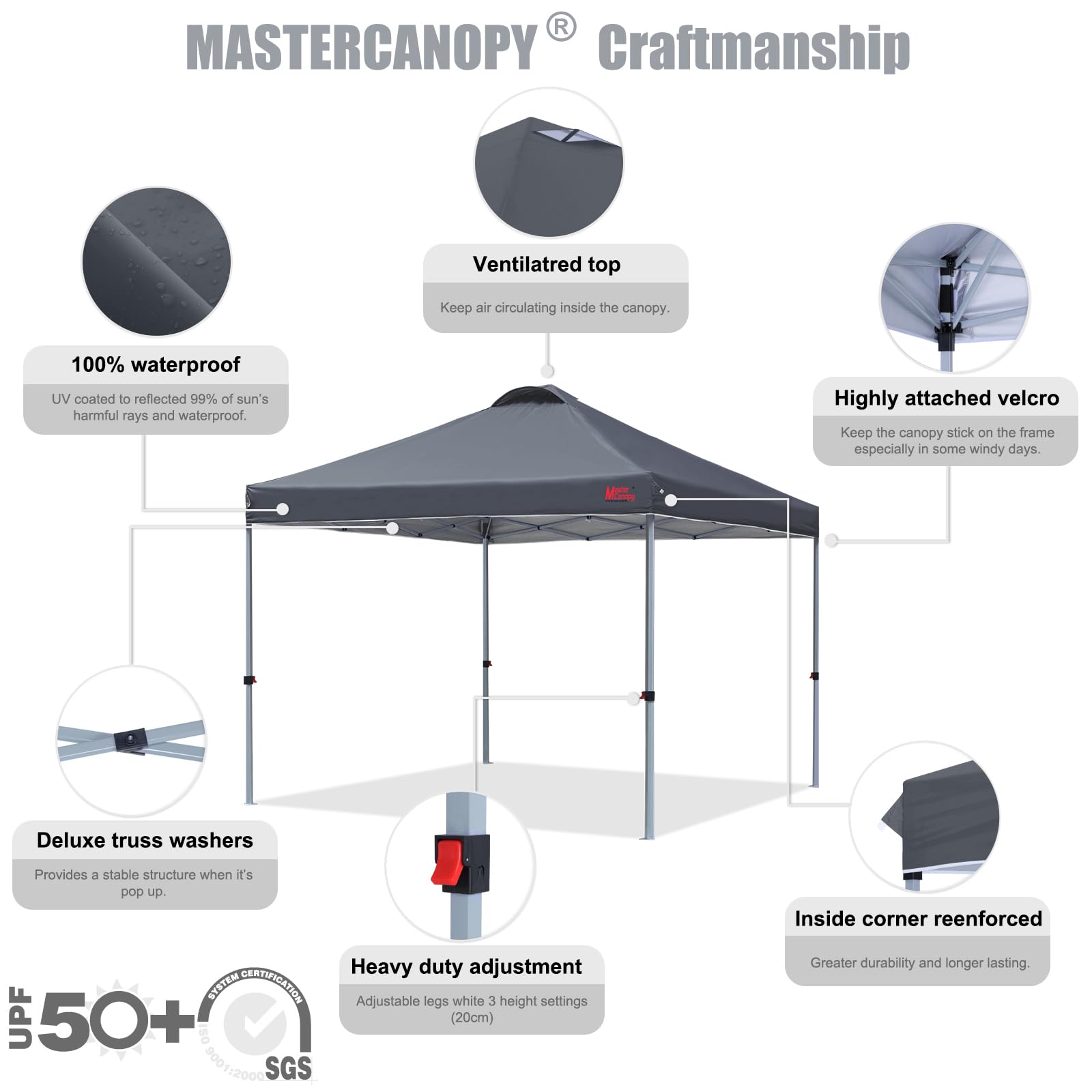 MASTERCANOPY 8x8 Pop Up Canopy Tent - Heavy Duty Portable Instant Shelter with Carry Bag, Dark Grey - Perfect for Outdoor Events, Camping, Beach & Backyard Parties