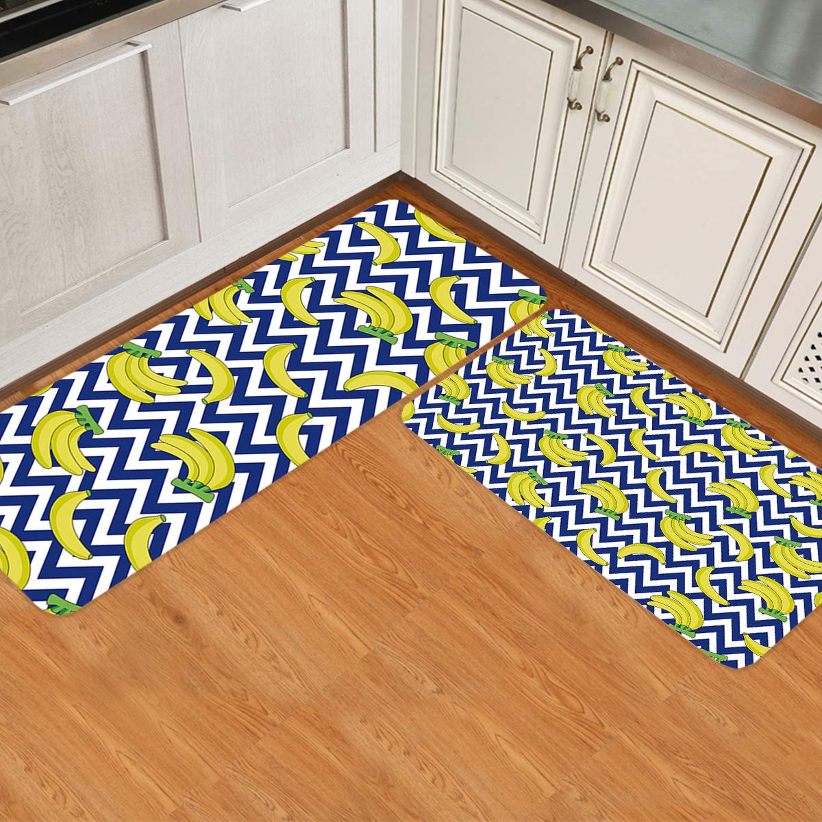 Anti-Fatigue Kitchen Rugs and Mats Set - Non-Slip Rubber Backing, Cushioned Standing Mat with Minimalist Chevron Striped & Banana Fruit Design (23.6x35.4inch + 23.6x70.9inch) - Perfect for Kitchen Floors, Standing Workstations & Home Decor