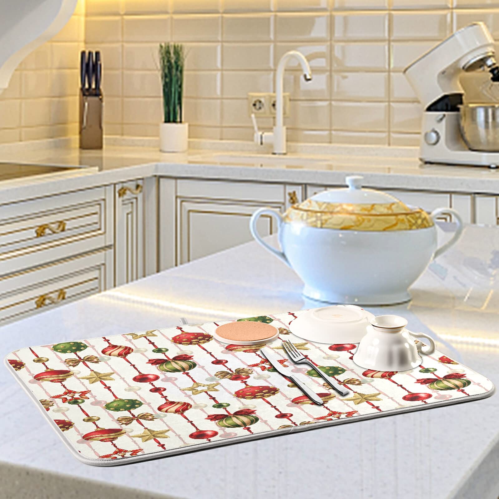 Christmas Dish Drying Mat 16x18 Inch - Absorbent Kitchen Decor for Countertops & Baby Bottles
