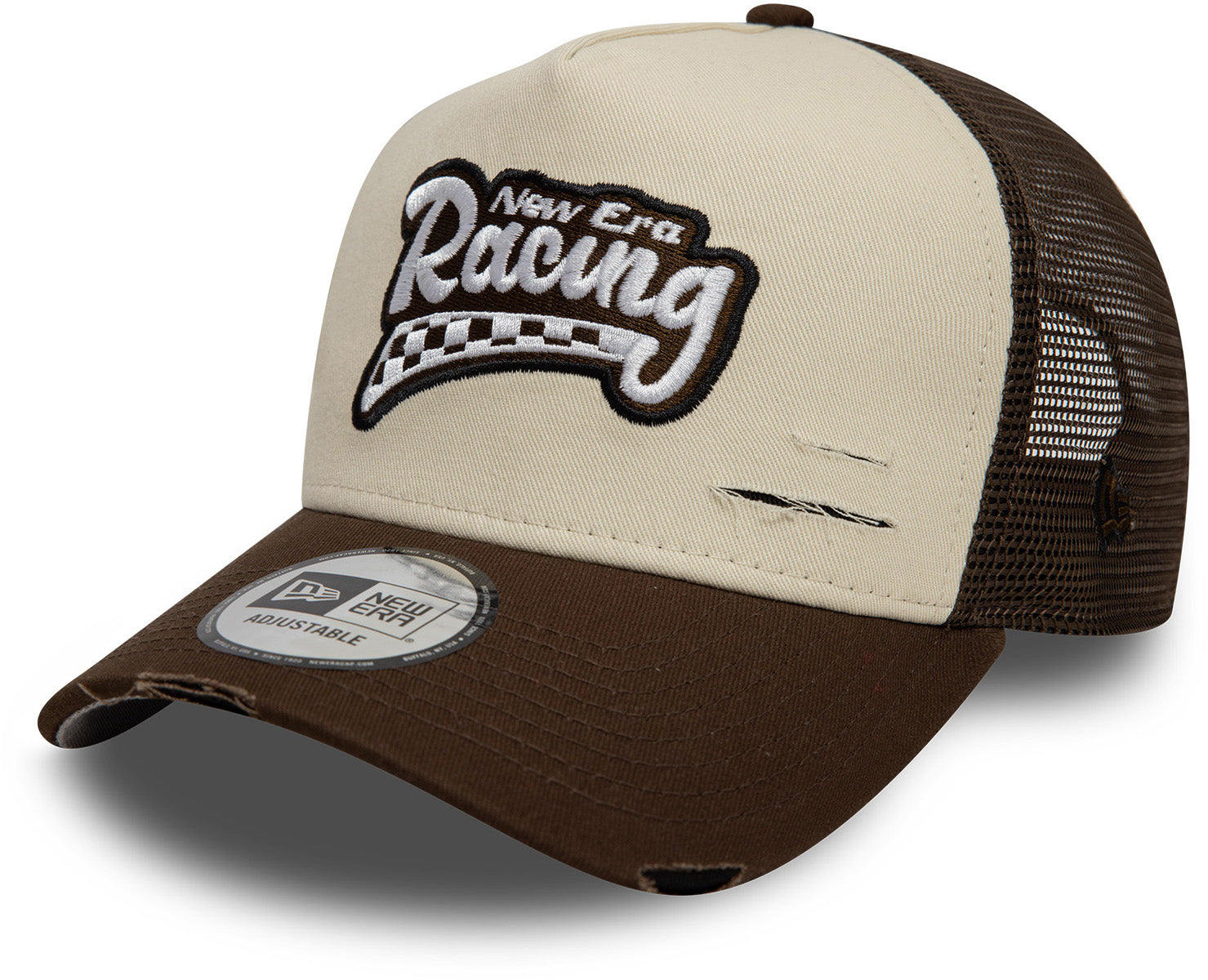 New Era Motorsport Distressed Cream & Brown Trucker Hat - Vintage Style Baseball Cap for Men & Women - Perfect for Racing, Sports, and Casual Outfits