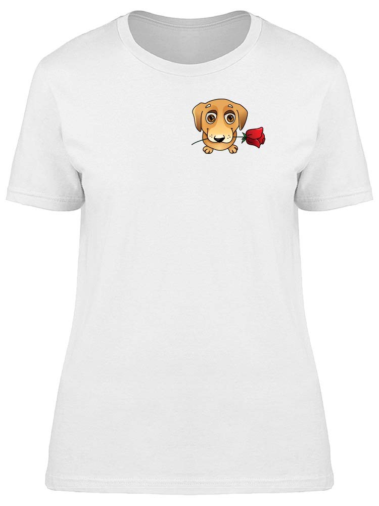 Smartprints Women's Cute Puppy with Rose Graphic T-Shirt - Casual Comfort Tee for Dog Lovers, Everyday Wear & Gifts