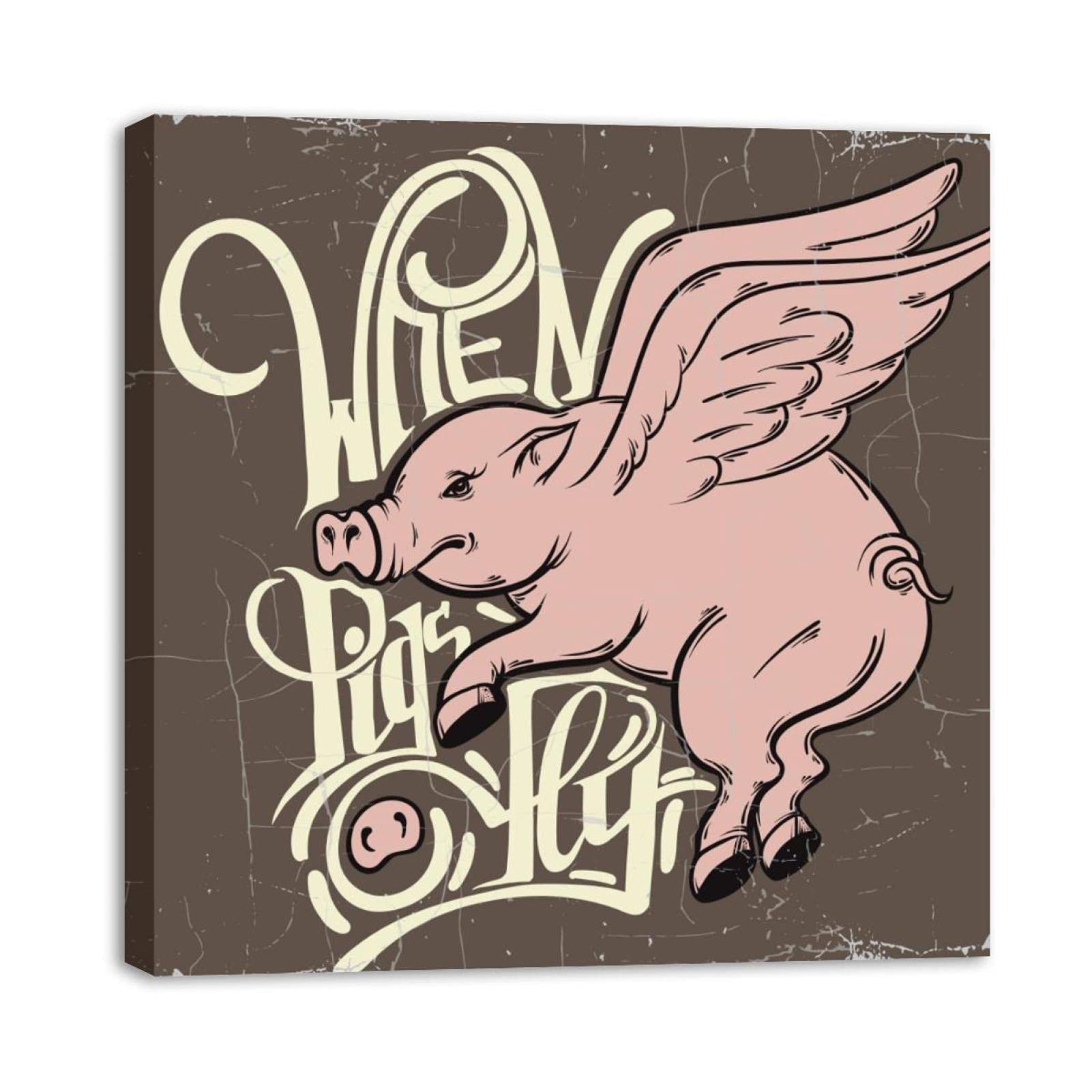 Framed Canvas Wall Art - Cute Pink Flying Pig Oil Painting - Home Decor for Living Room, Bedroom, Bathroom & Office - Perfect for Farmhouse, Nursery & Kids Room Decor