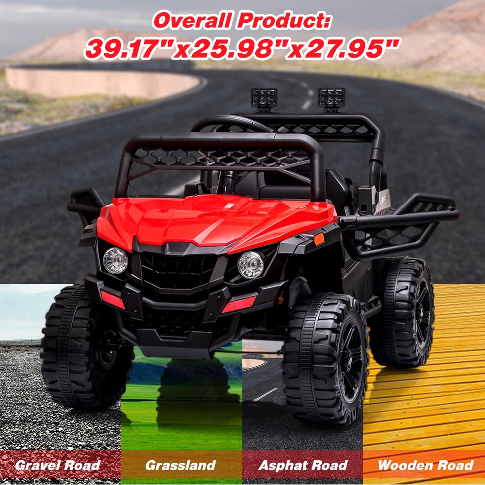 12V Kids Ride On UTV with Remote Control - Electric Toy Car with Spring Suspension, LED Lights, FM Radio, AUX Port & USB Charger | Outdoor Play, Birthday Gifts for Boys & Girls (Red)