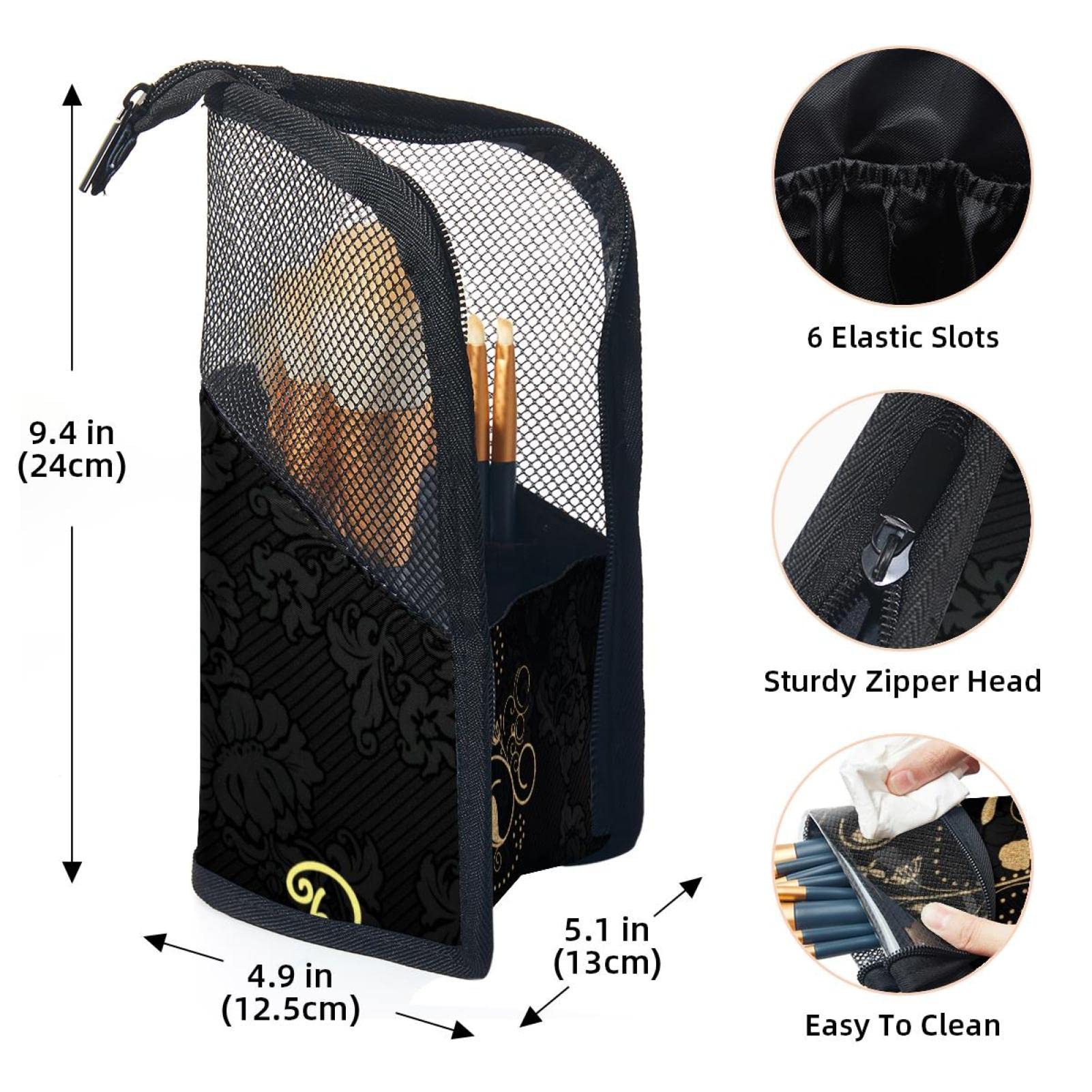 12-Piece Makeup Brush Organizer Bag with Golden Flower Black Floral Design - Portable Travel Cosmetic Brush Holder Case for Professional Makeup Artists & Beauty Enthusiasts - Perfect for Home, Travel, and Salon Use