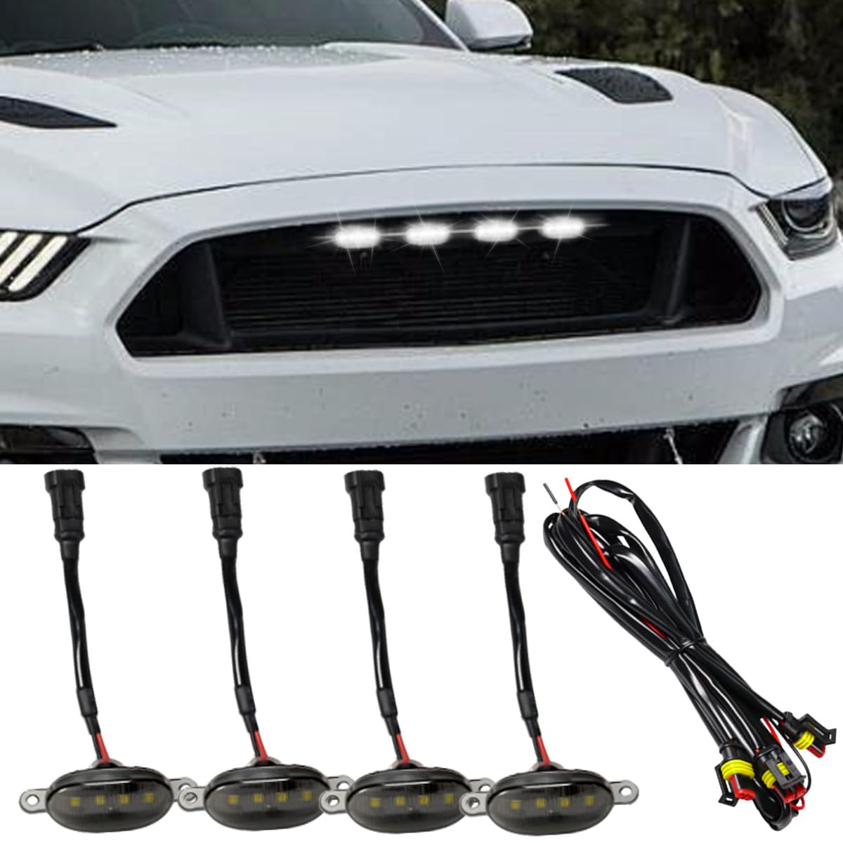 4PCS LED Grill Lights - Bright Car Front Grill DRL Lamps with Wiring Harness, Universal Bumper Trim Lights Auto Accessories for F150 F250 F350 Trucks (White) | Perfect for Night Driving & Off-Road Adventures