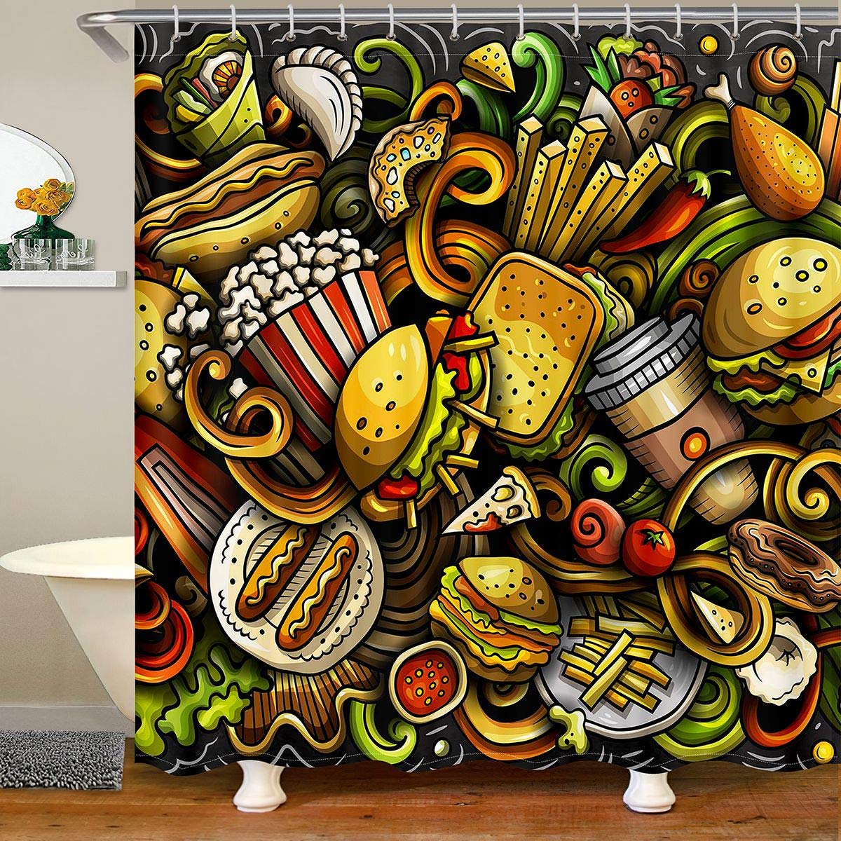 Feelyou Kids Bath Shower Curtain - 72x72 Inch Waterproof Hamburger & Pizza Graffiti Design for Bathtubs, Fun Street Culture Theme Bathroom Decor - Perfect for Children's Bathrooms, Playrooms, and Themed Bedrooms