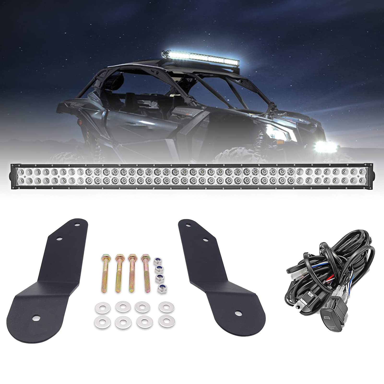 42'' 240W LED Straight Light Bar with Front Upper Roof Windshield Mount Bracket & Rocker Switch Wiring Kit - Compatible with Can Am Maverick X3, Commander 800 & 1000 - Perfect for Off-Roading, Night Driving & Adventure Vehicles