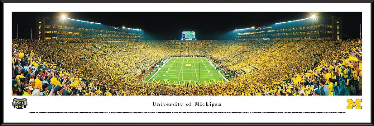 Michigan Football Under The Lights Panoramic Poster & Framed Picture - Blakeway Panoramas Wall Art for Game Room, Sports Bar & Man Cave Decor