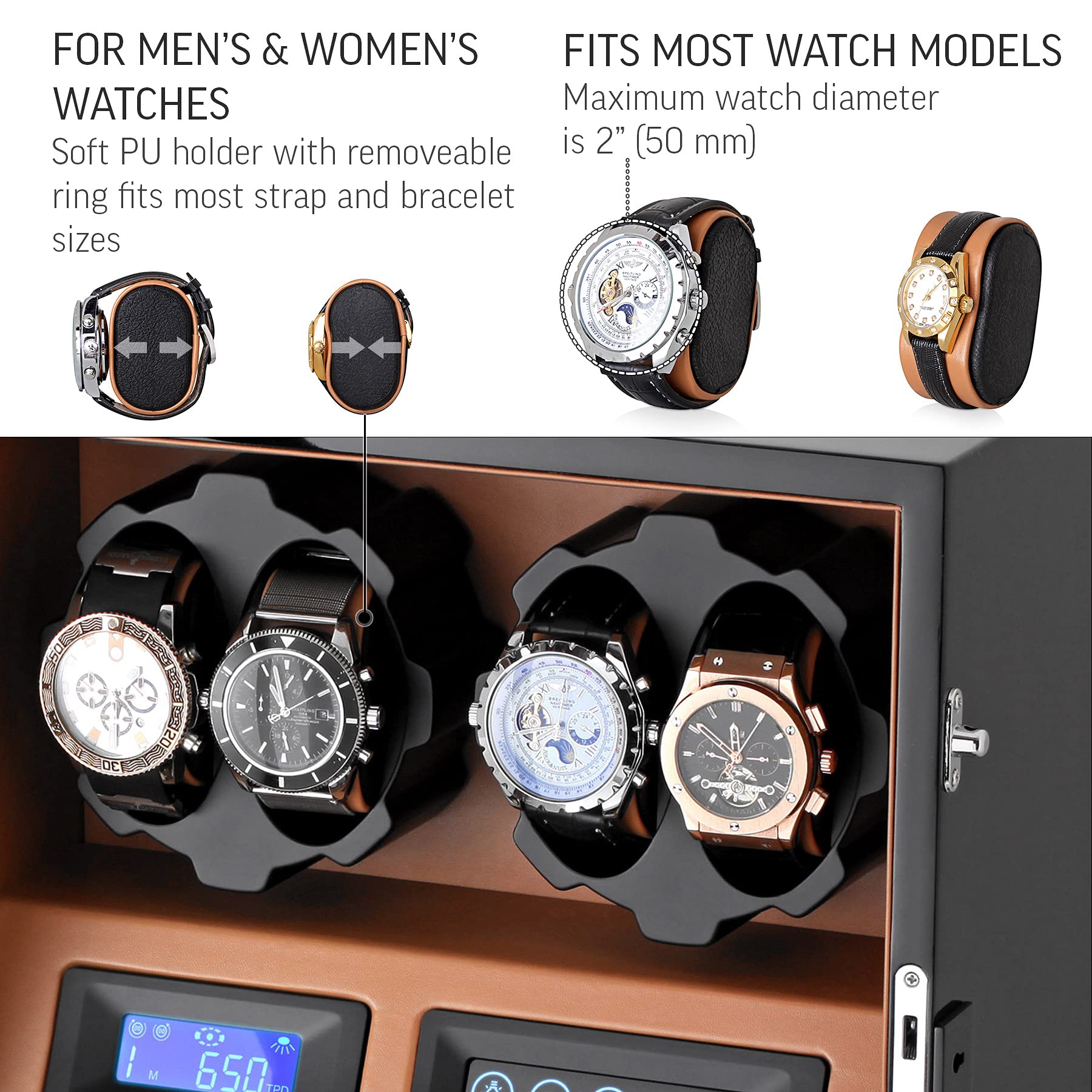 4 Watch Winder with 5 Watch Storage Space - Automatic Watch Winder Box with LCD Display, Touch Control & LED Light for Automatic Watches - Perfect for Watch Collectors & Luxury Watch Storage at Home or Office