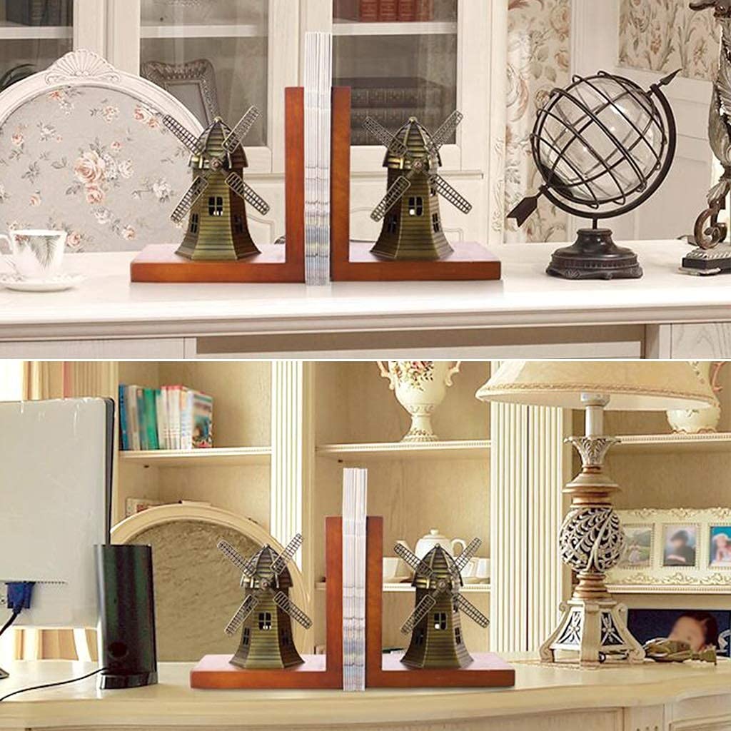 Stylish Wooden Bookends for Study & Office - Adjustable Non-Slip Book Holders, Windmill Design Desktop Decor (Brown, 14x10x17cm, Set of 2) - Perfect for Bookshelves, Home Decor & Workspace Organization