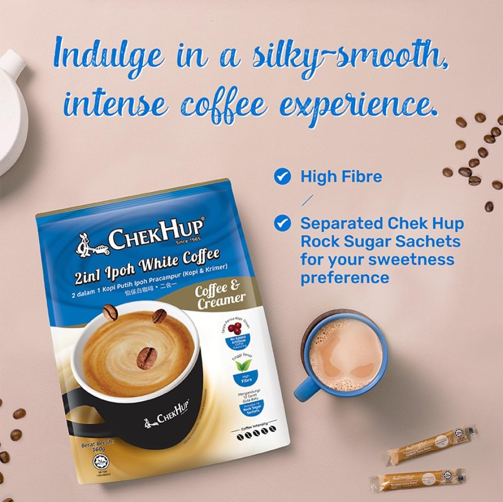 Chek Hup 2-in-1 Ipoh White Coffee with Creamer - 12 Sachets (30 Pack) - Premium Malaysian Instant Coffee for Home, Office & Travel