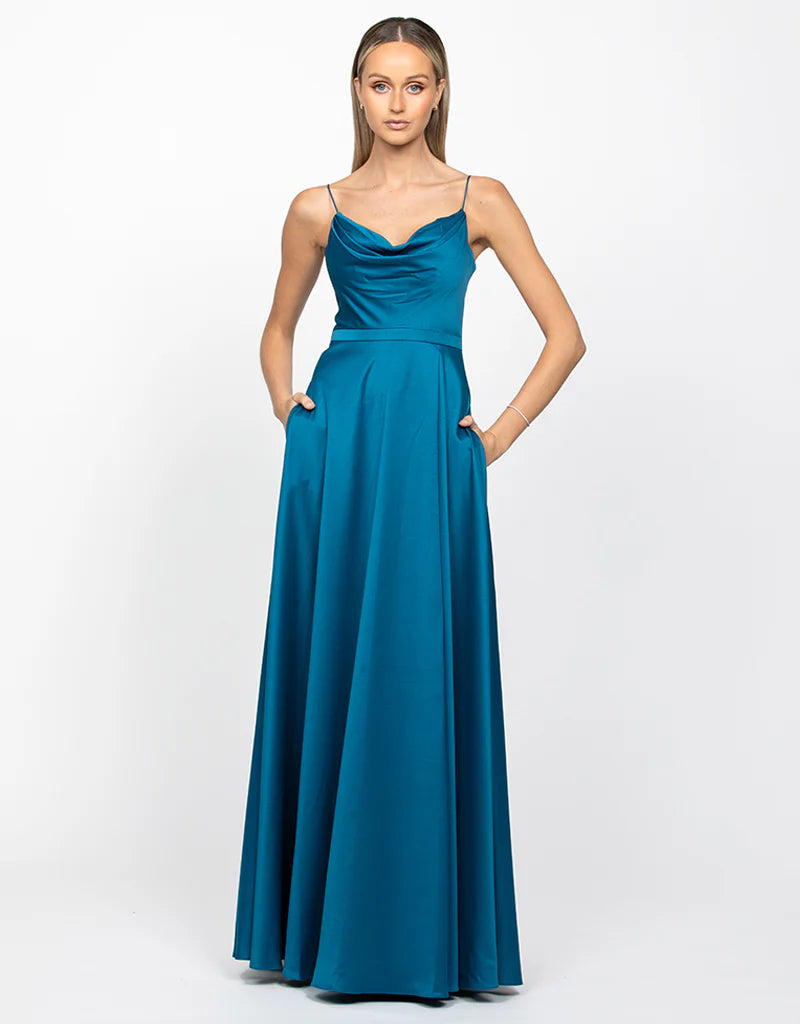 Elegant Diamond Cowl Neck Wrap Gown - Women's Formal Evening Dress for Parties, Weddings & Special Occasions