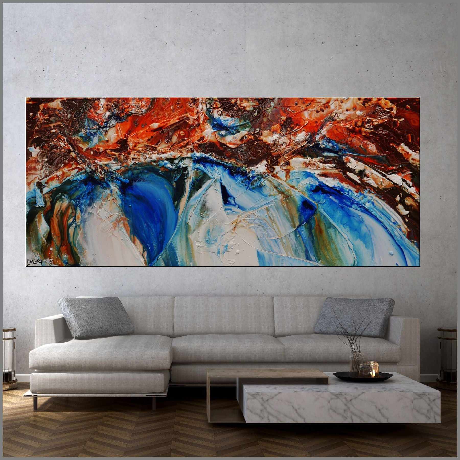 Coastal Resonance 240cm x 100cm White Blue Orange Abstract Canvas Art - Modern Wall Decor for Living Room, Bedroom & Office