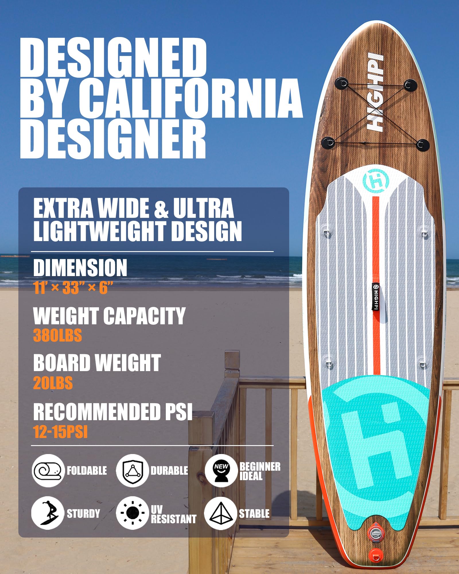 Highpi Inflatable Stand Up Paddle Board 11'x33''x6'' - Premium SUP with Backpack, Adjustable Paddle, Pump & Leash - Wide Stance & Non-Slip Deck for Surf Control - Perfect for Lakes, Oceans & Rivers - Youth & Adult Inflatable Paddle Board for Recreation & Fitness
