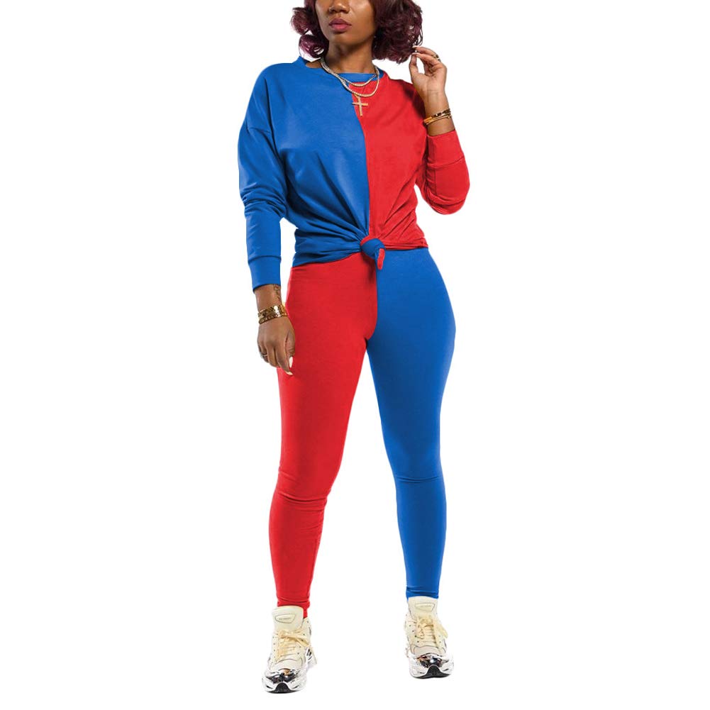 JUNBOON Women's 2 Piece Patchwork Jumpsuit Set - Long Sleeve Crop Top & High Waisted Bodycon Pants Outfit, Casual Tracksuits for Women | Perfect for Streetwear, Gym, Lounge & Night Out
