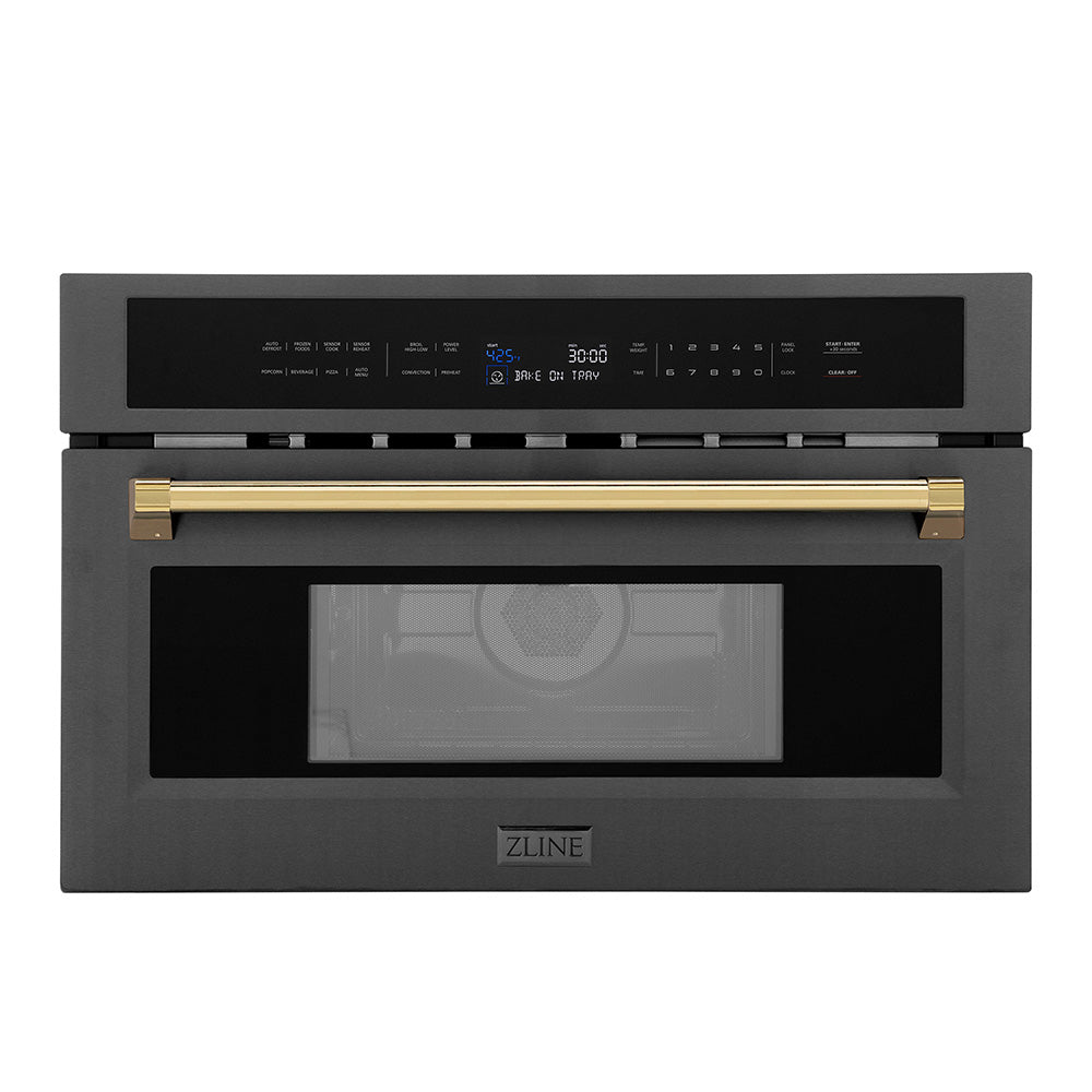 ZLINE Autograph Edition 30-Inch Built-In Convection Microwave Oven - 1.6 cu ft Capacity, Black Stainless Steel with Polished Gold Accents (MWOZ 30 BS G) - Perfect for Modern Kitchens & Gourmet Cooking