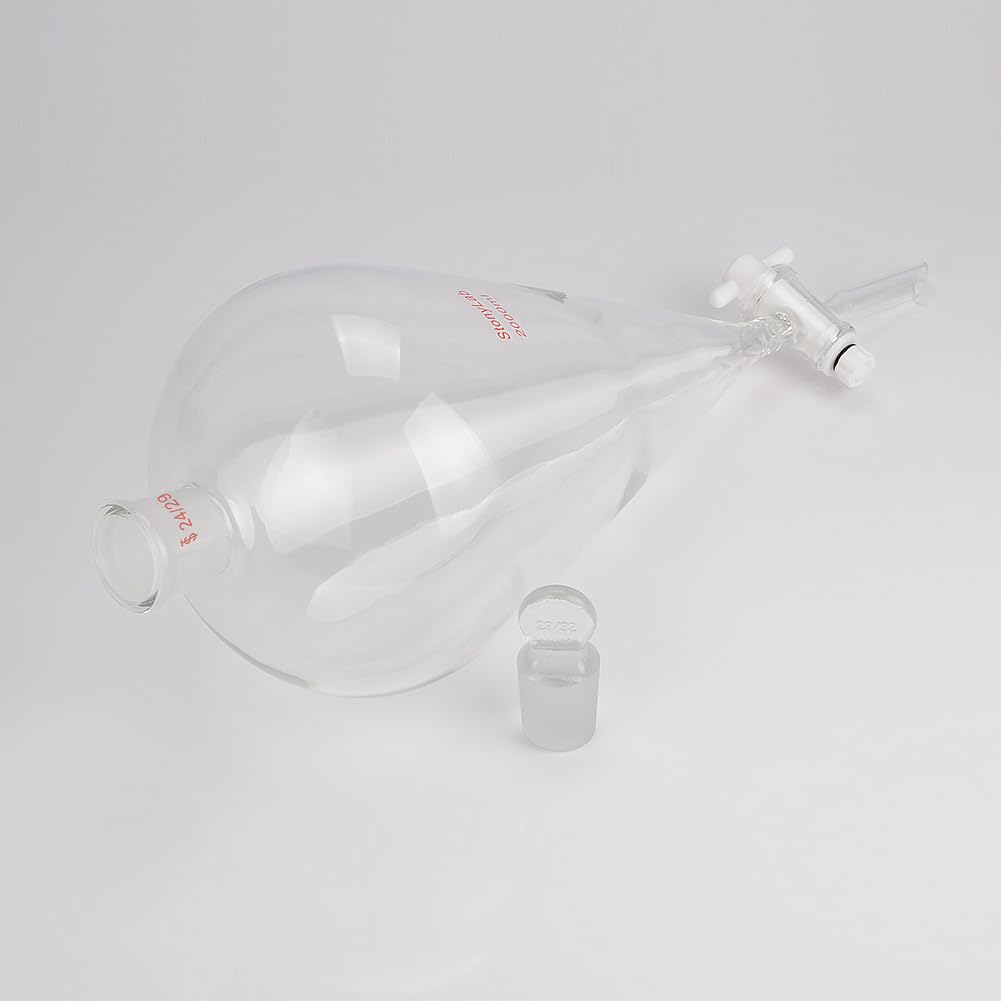 StonyLab 2L PTFE Stopcock Borosilicate Glass Heavy Wall Separatory Funnel with 24/29 Joint - Conical Pear-Shaped Lab Funnel for Chemical Separation, Liquid Extraction & Laboratory Experiments