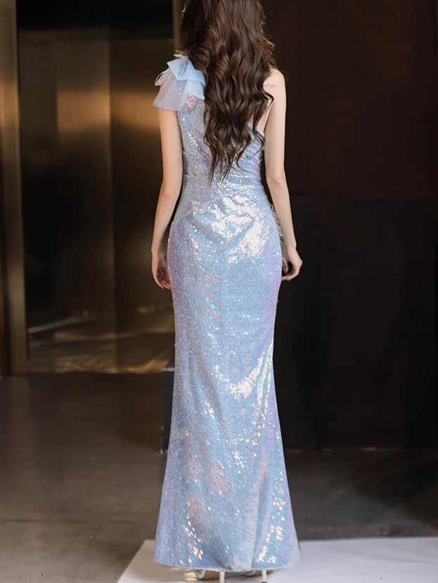 Elegant Pink & Blue Sequin One Shoulder Mermaid Evening Dress for Prom, Wedding & Special Occasions