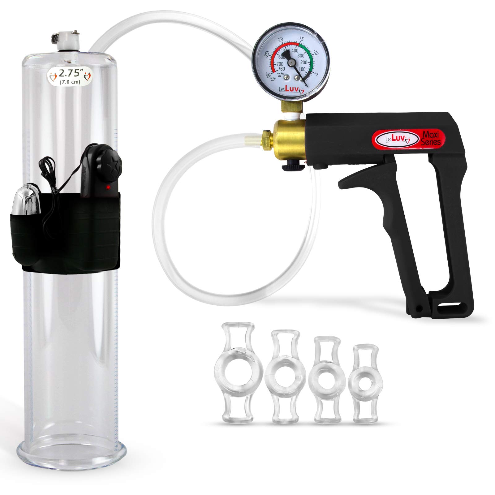 Premium LeLuv Vibrating Penis Pump with Maxi Black Handle & Pressure Gauge - Includes Clear Hose & 4 Sizes of Constriction Rings (12