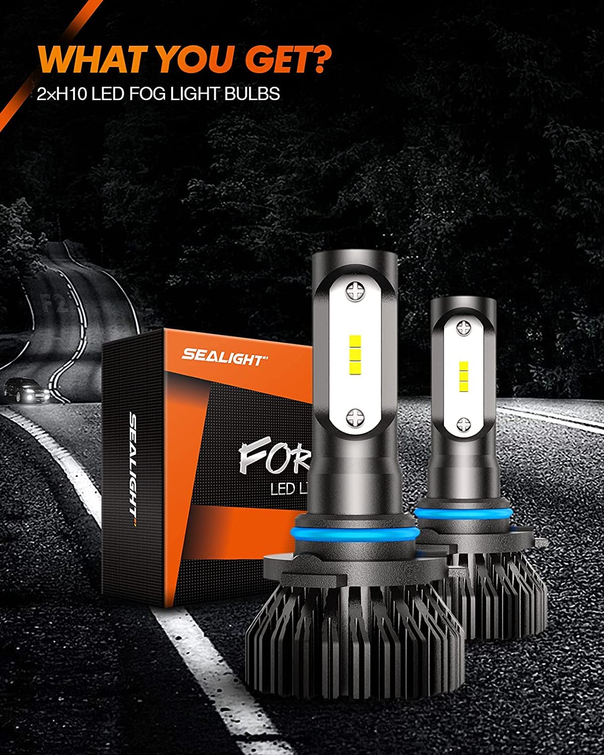 SEALIGHT H10 LED Fog Light Bulbs or DRL - 600% Brighter 6500K Xenon White, Wide-angle Design with 300M Lighting Range, Plug & Play (Pack of 2) - Perfect for Off-Roading, Night Driving & Foggy Conditions