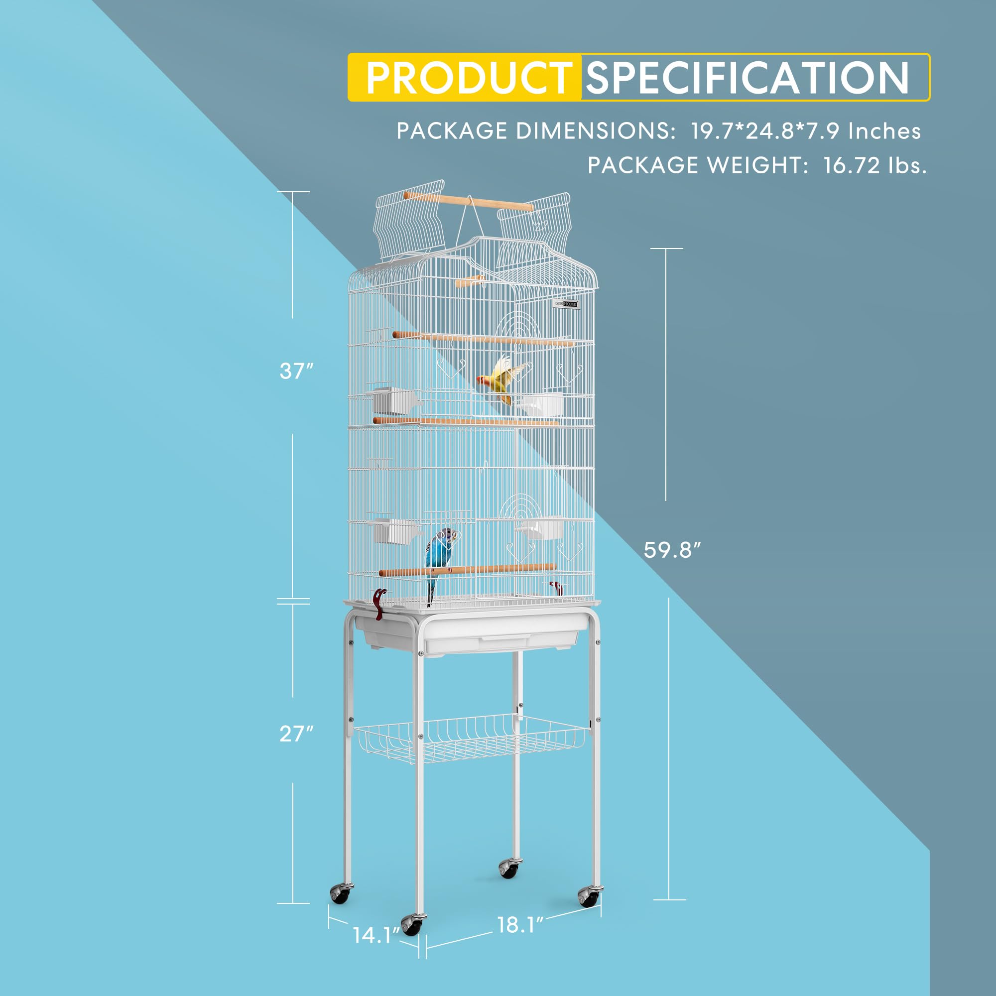 VIVOHOME 64 Inch Large White Bird Cage with Play Top & Wheels - Spacious Home for Parrots, Conures, Lovebirds, Cockatiels, Parakeets - Perfect for Living Room, Bedroom or Outdoor Aviary Use