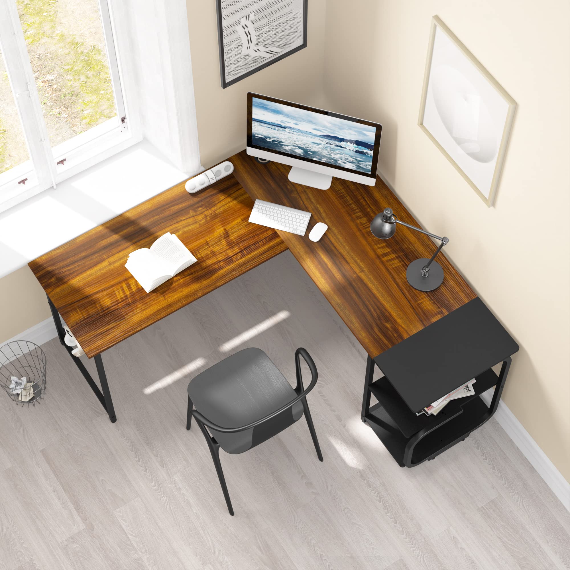 L Shaped Desk with Storage Shelves - Reversible Corner Computer Desk for Home Office & Gaming, Modern Ergonomic L-Shaped Workstation with Spacious Desktop in Teak Finish - Perfect for Small Spaces, Remote Work & PC Gaming Setups