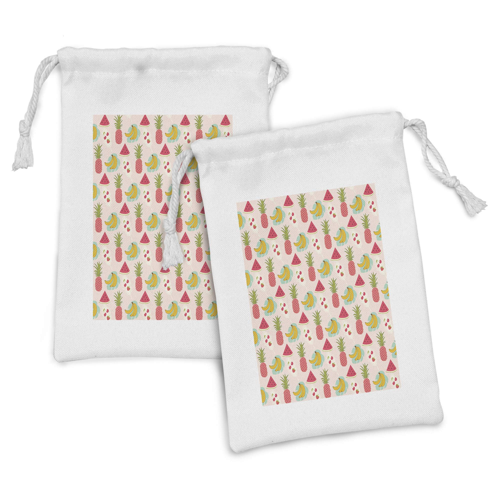 Ambesonne 2-Pack Tropical Fruit Fabric Pouches - Colorful Banana, Pineapple & Watermelon Drawstring Bags (9