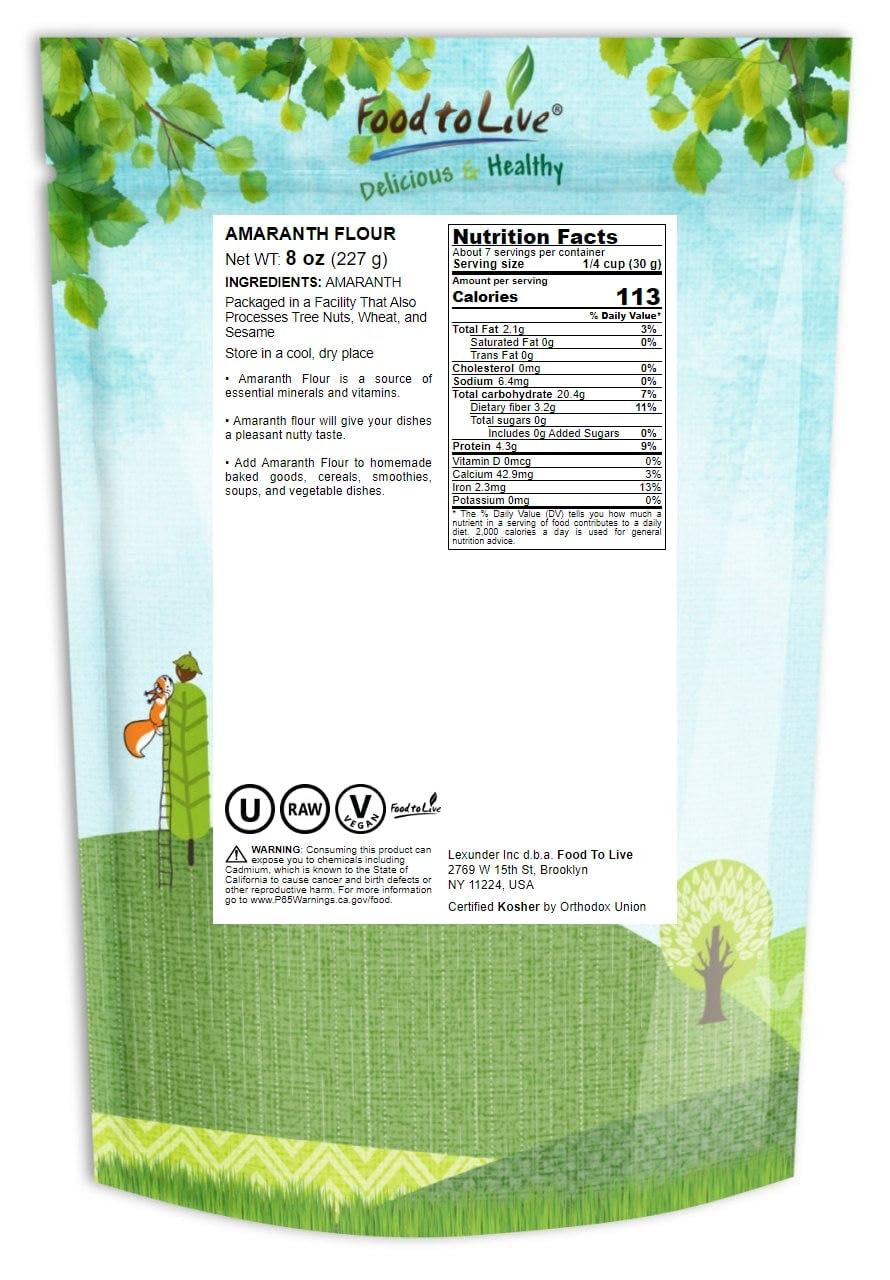 Food to Live Organic Amaranth Flour, 8 oz - Finely Milled Whole Grain, Vegan, Kosher, Non-GMO - High in Fiber & Plant Protein - Wheat Flour Alternative for Baking, Gluten-Free Recipes & Healthy Cooking